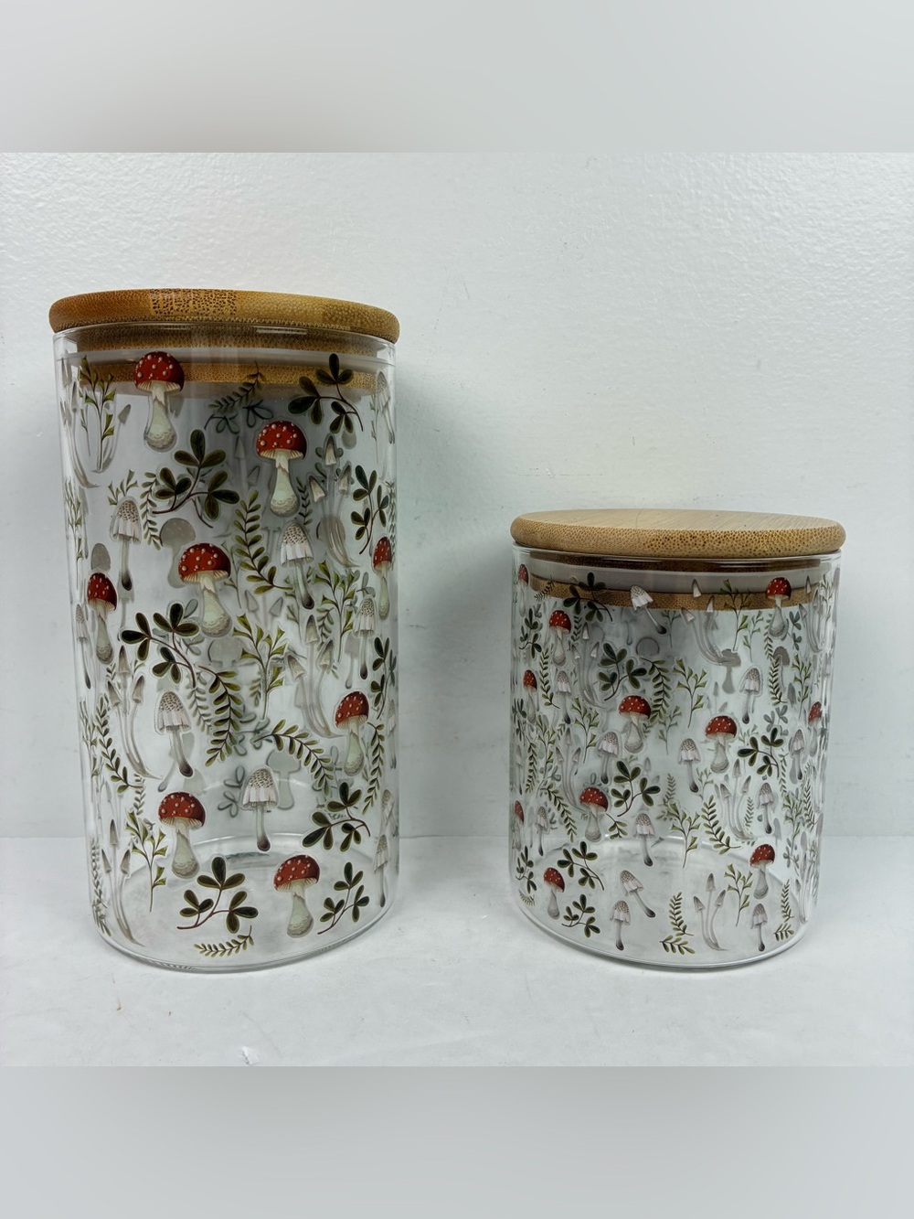 Tabletops Unlimited Set of Glass Mushrooms Pattern Jars